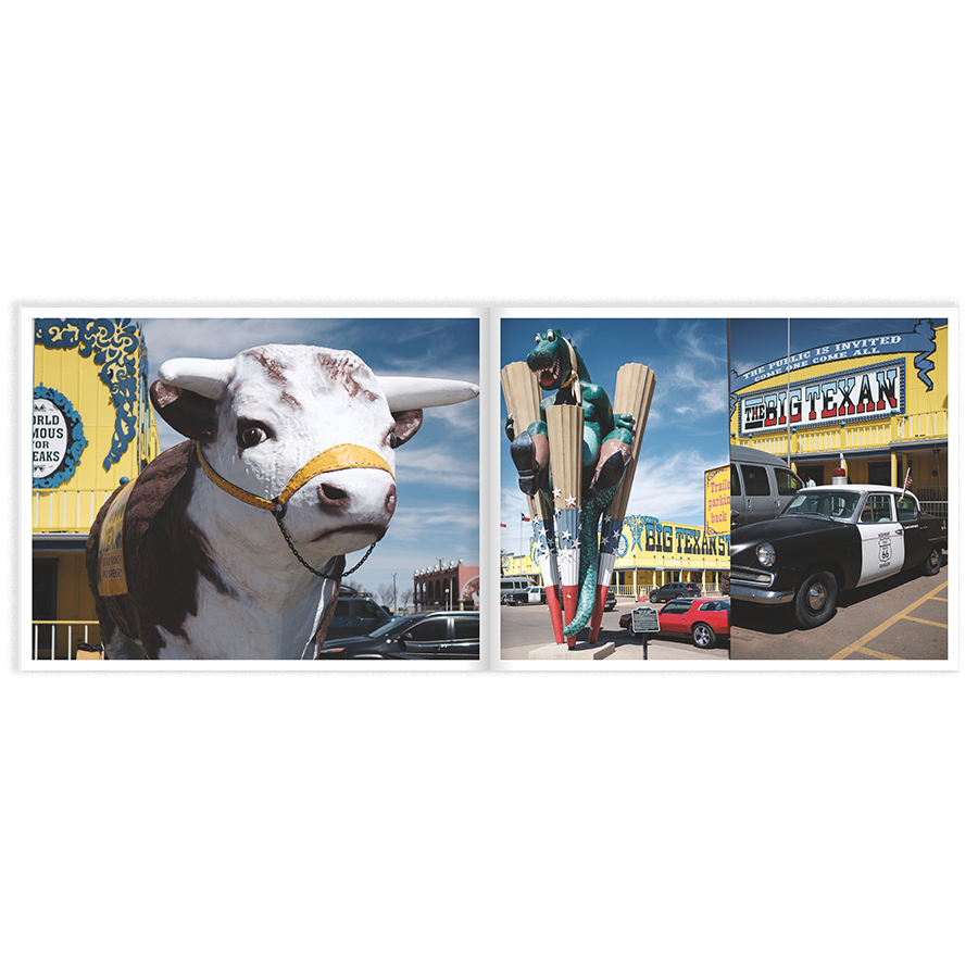 Photo of The Big Texan steakhouse in Amarillo, on Route 66. Plastic cow, and blue-and-yellow restaurant exterior.