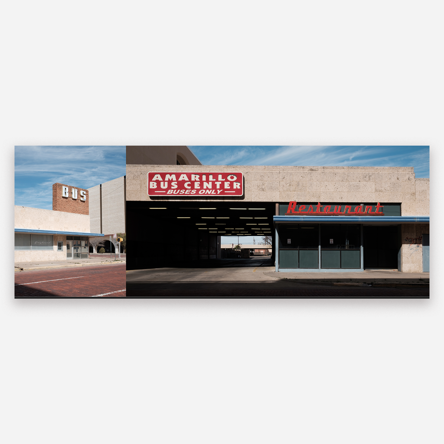 photo of a bus station in Amarillo, red sign and retro font