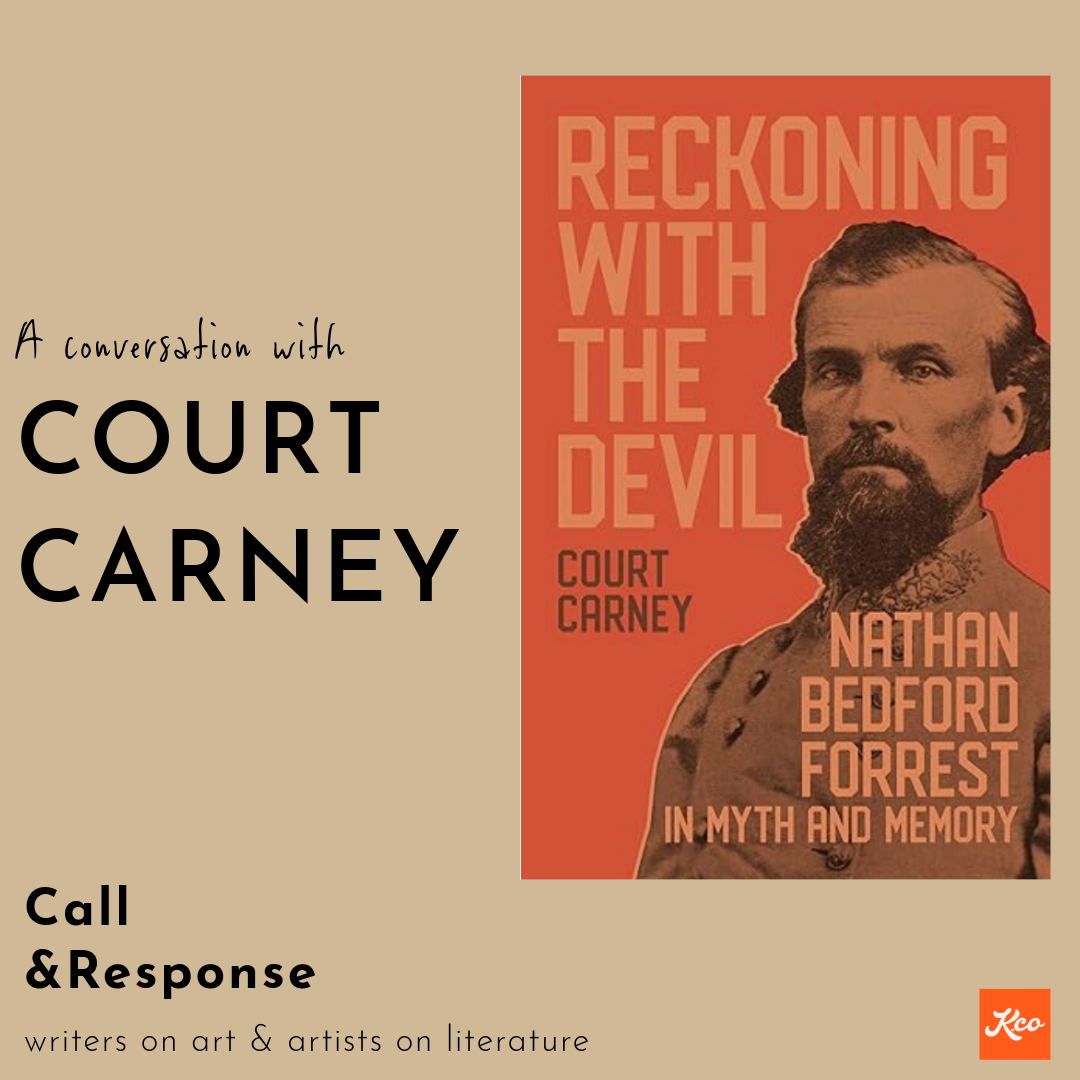 tan background with book cover "reckoning with the devil, nathan bedford forrest in myth and memory" by historian and professor court carney