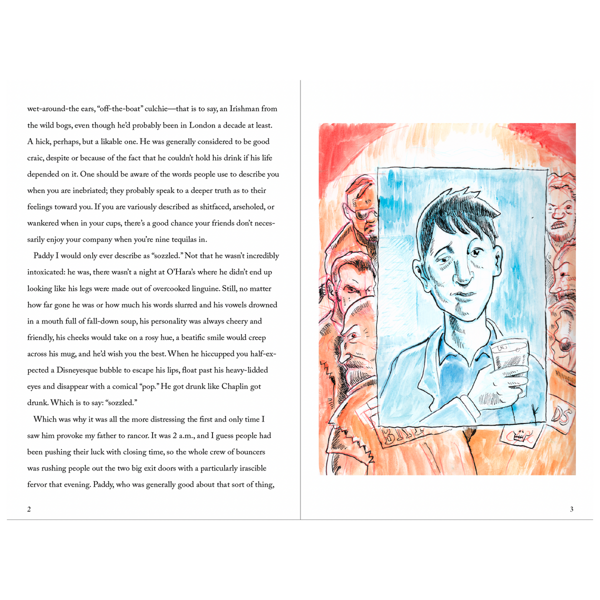 A two-page spread from a book showing a poem on the left page with a colorful illustration on the right page. The illustration depicts a portrait in blue, in front of a red background with other figures.