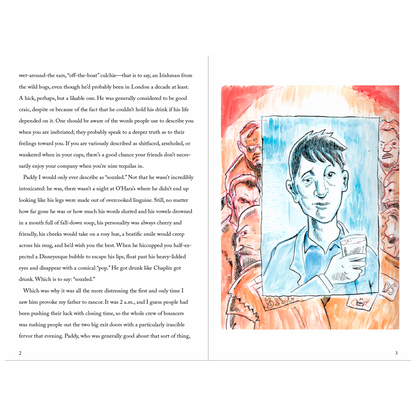 A two-page spread from a book showing a poem on the left page with a colorful illustration on the right page. The illustration depicts a portrait in blue, in front of a red background with other figures.